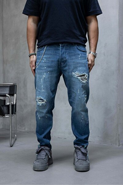 MODINI Slim fit jeans with chain, rips and splash effect (code 6882) - 38