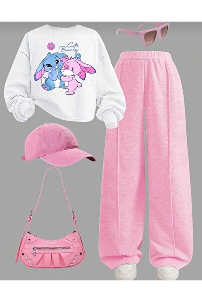 Kids Cute bunny baskılı üst beyaz sweat alt geniş paça ikili takım