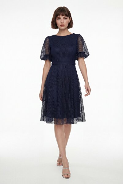 Lafaba Women's Navy Blue Balloon Sleeve Mesh Fabric Detailed Midi Flared Even...