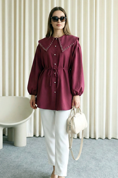 MODAQU Collared Tunic with Stone Buttons and Lace-Up Detail - Burgundy