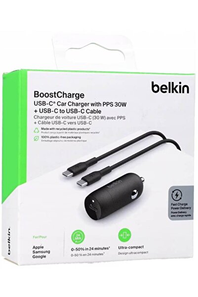 Belkin Încărcător auto USB-C PD PPS 30W, cablu PVC C-C de 1 m