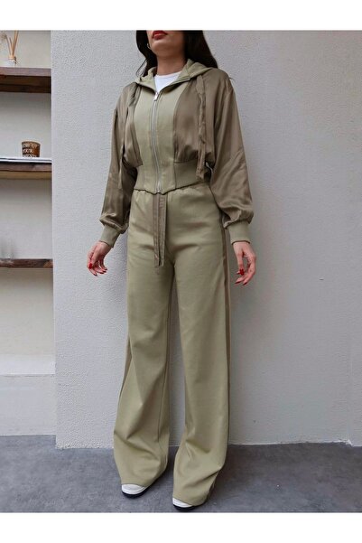 BRTC design Women's Khaki Green Satin Garnished Hooded Set