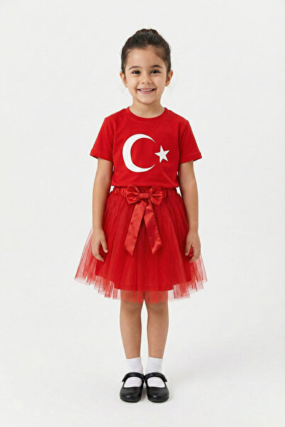 nacar çarşı طقم تنورة توتو حمراء بأكمام قصيرة للفتيات مع تي شيرت بطبعة نجمة ا...