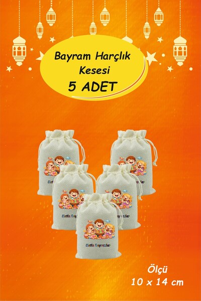 Yaprak Hediyelik Bayram Harçlık Kesesi 5'li– Baskılı Ham Bez Bayram Kesesi, Ç...