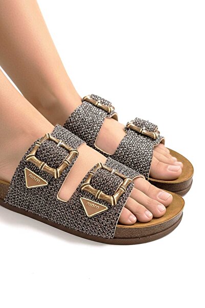 McDark Women's Brown Straw Material Cork Orthopedic Insole Buckle Slippers