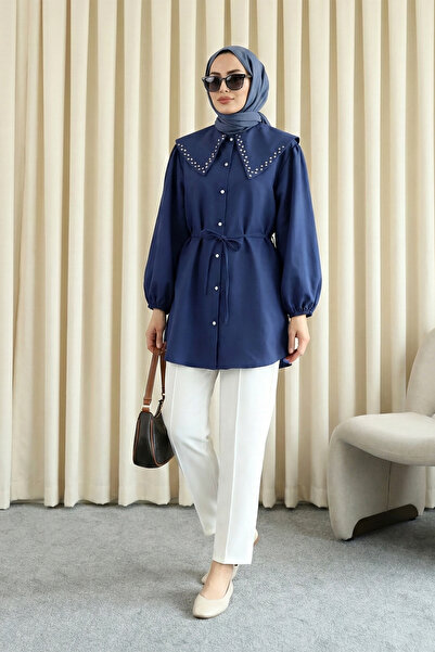 MODAQU Collared Buttoned Lace-Up Tunic with Stones on the Collar - Navy Blue
