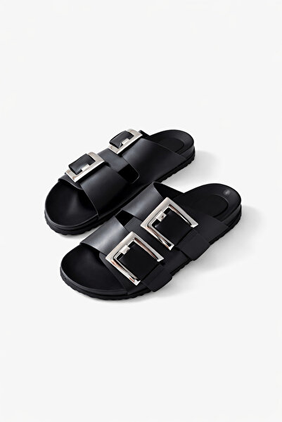 nope21shoess Torino Black Genuine Leather Slippers