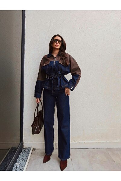 BRTC design Women's Brown Two-Tone Denim Double Suit with Belt