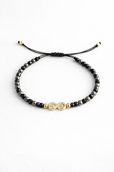 Handmade Infinity Gold adjustable bracelet with gray and black beads