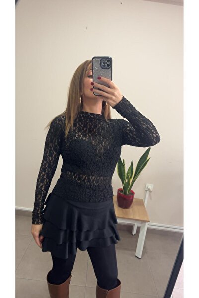 WellWay Boat Neck Transparent Detail Cashmere Fabric Blouse-Black