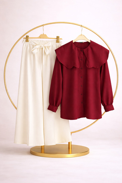 vikitekno Women's Belted Trousers, Baby Collar Shirt, Double Set