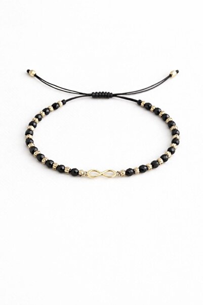 Handmade Infinity Gold adjustable bracelet with black beads
