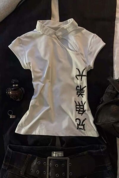 Karakedi China Vintage Style Collar Detail Short Sleeve Blouse