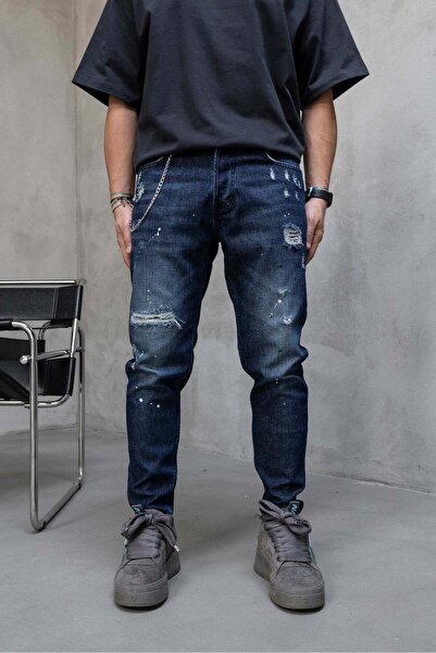 MODINI Slim fit jeans with chain, rips and splash effect (code 6869) - 38
