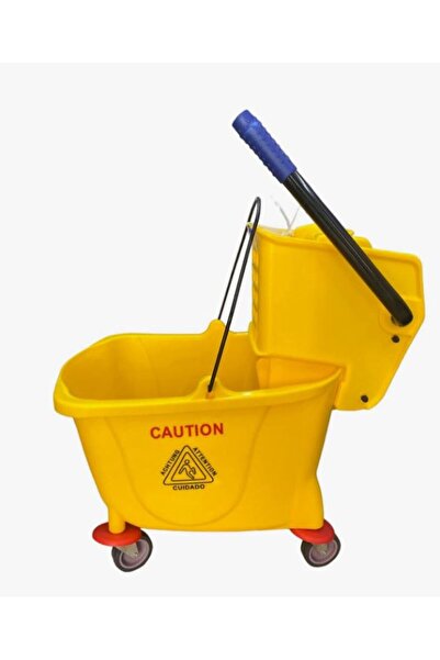 TUSKER Mop Bucket Trolley Side Press Deluxe Wringer on Wheels 32 Liters Yello...