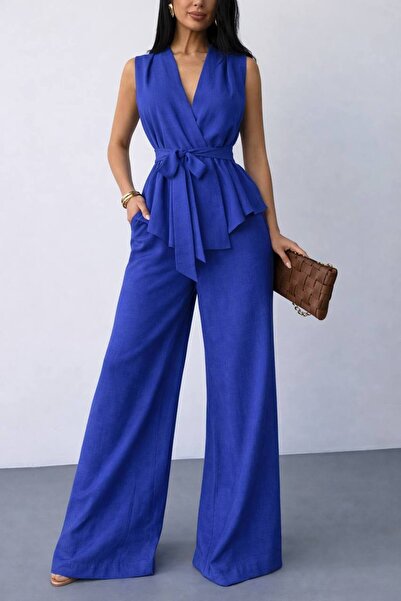 MEECY Tie-Waist Sleeveless Jacket and High-Waist Tencel Pants Top and Bottom Set