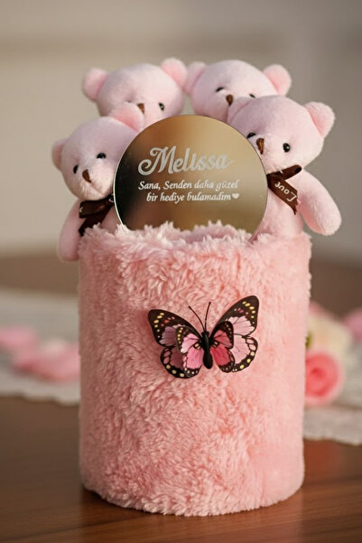 Solemia Kişiye Özel İsim Yazılı Aynalı 4’lü Peluş Pembe Ayıcık Buketi – Sevgi...