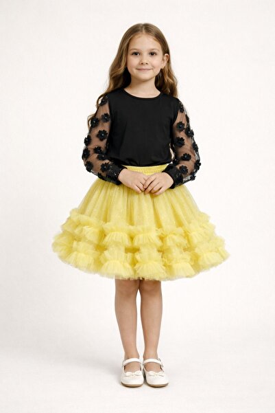 Nacar 23 Nisan 29 Ekim Gösteri Kıyafeti Çicek Detaylı Tül Kollu Tütü Etekli K...