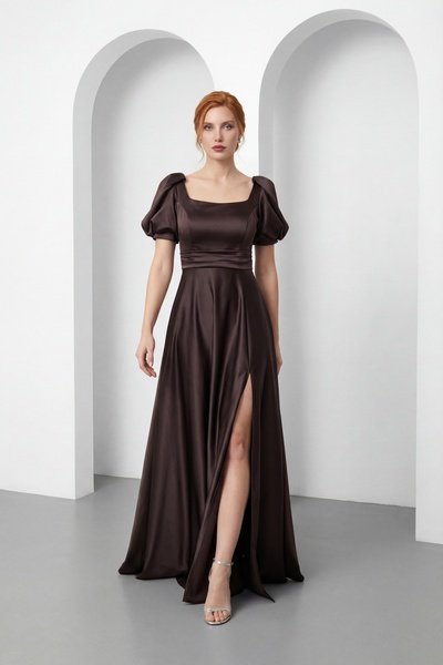 Lafaba Women's Brown Square Neck Balloon Sleeve Slit Dress for Promise, Engag...