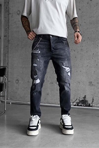 MODINI Slim fit jeans with chain, rips and splash effect (code 6711) - 32