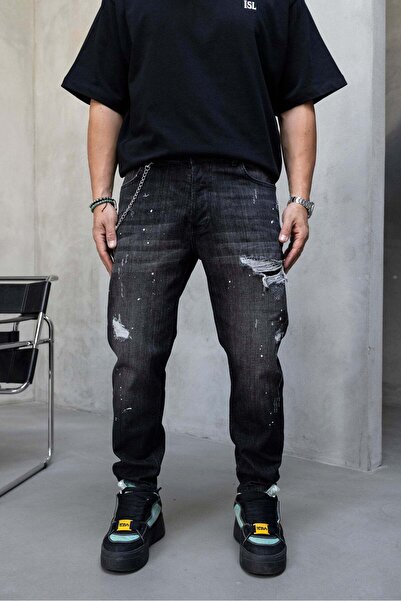 MODINI Slim fit jeans with chain, rips and splash effect (code 6873) - 40