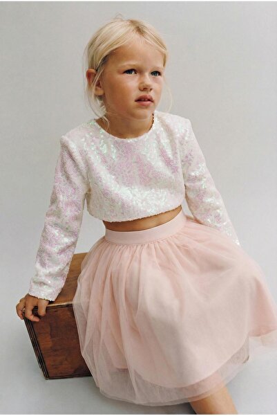 Magu Κοριτσίστικη Βαμβακερή Εκρού Ροζ Μπλούζα με Παγιέτες και Μακριά Μανίκια