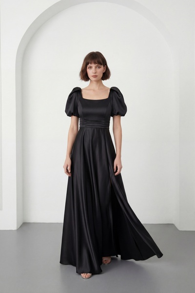 Lafaba Women's Black Square Neck Balloon Sleeve Slit Dress for Promise, Engag...