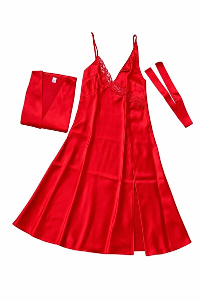 ahu lingerie Red Satin Lace Detailed Nightgown & Dressing Gown 2-Piece Set