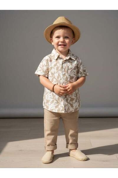 Zekids Boy's Summer Leaf Patterned Linen Shirt