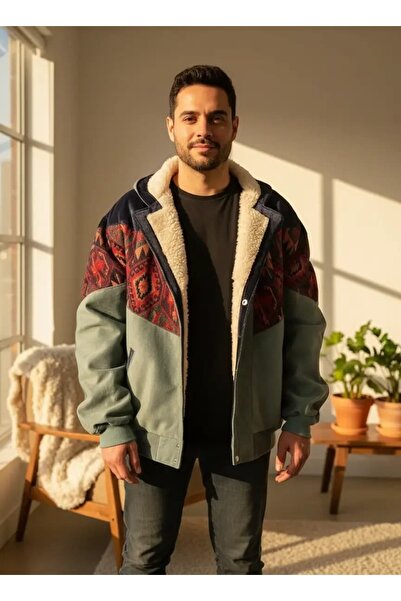 CANMODA (7799) Recien Unisex Kürklü Yaka Vintage Aztec Jacket Oversize 90s Co...