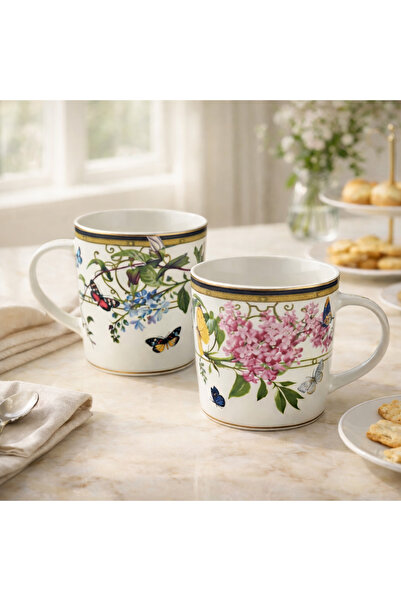 esdekor Set of 2 Porcelain Mugs 9.5X9.6Cm 300 ml Muse Garden Flower & Butterf...