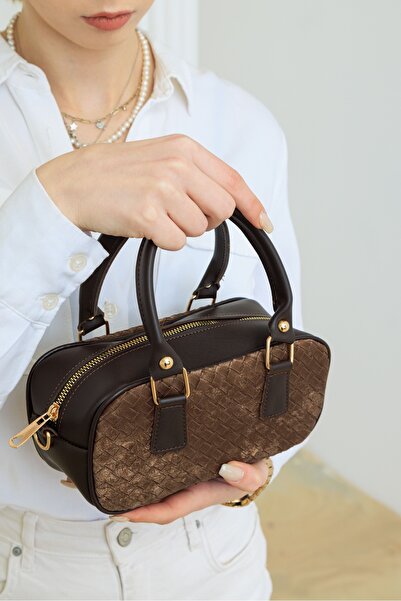 Zeyne Zyn07 Women's Brown Knitted Pattern Garnished Mini Hand and Shoulder Bag