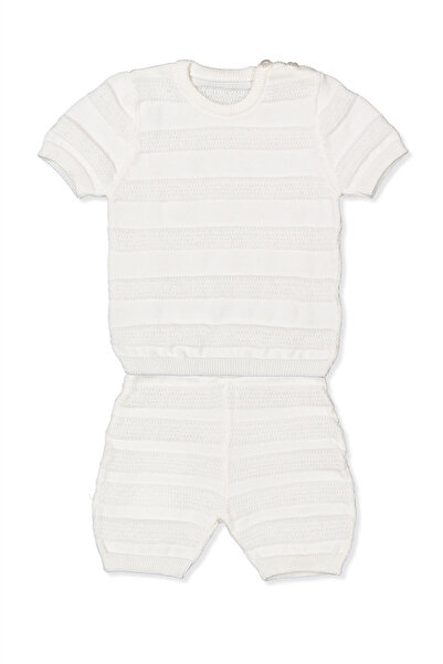 Bebetto Tri̇ko Shorts Suit (Line Pattern) Ecru