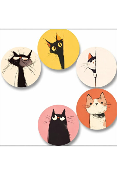 esdekor 9.8 Cm/3.86 Inch 5 Pieces of Wooden Coasters with Charming Cat Illust...