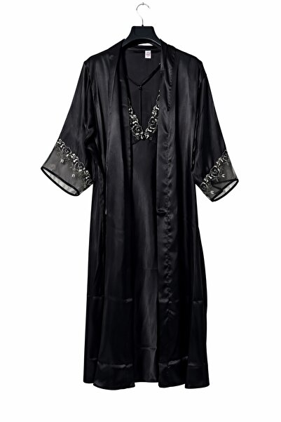 ahu lingerie Black Satin Lace Detailed Long Dressing Gown & Nightgown Set, Se...