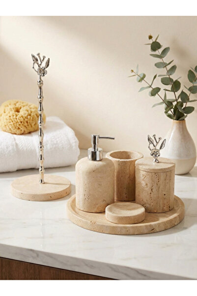 BRONX MARBLE Traverten Mermer Düz Banyo Seti, 6 Parça , Ağaç Gold Aksesuar De...