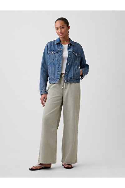 GAP Kadın Gri Mid Rise Pull-On Wide-Leg Jean Pantolon