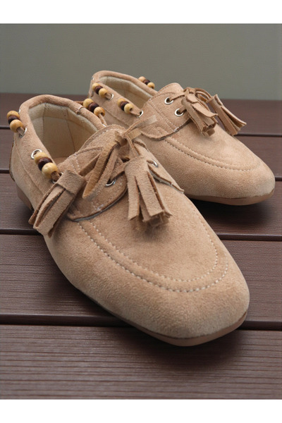 HFKY Women's Suede Ballerinas. Beaded Detailed Lace-Up Ballerinas