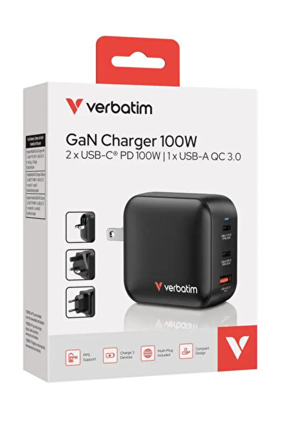 Verbatim Încărcător GaN de 100 W pentru SUA, cu adaptoare UE și Marea Britani...