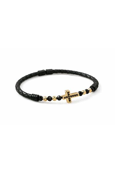 Handmade Python Leather bracelet with gold beads and cross