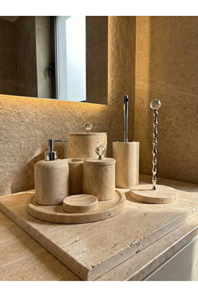 BRONX MARBLE Traverten Düz Banyo Seti, 8 Parça ,Elmas Gümüş Aksesuar Detaylı,...
