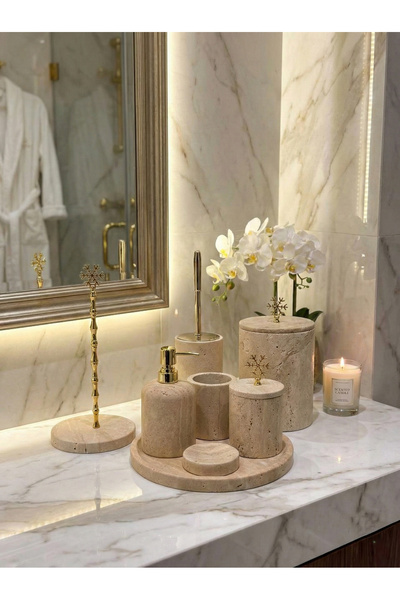 BRONX MARBLE Traverten Mermer Düz Banyo Seti, 8 Parça , Kelebek Gold Aksesuar...