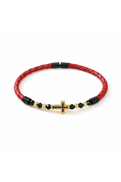 Handmade Python Leather bracelet with gold beads and cross