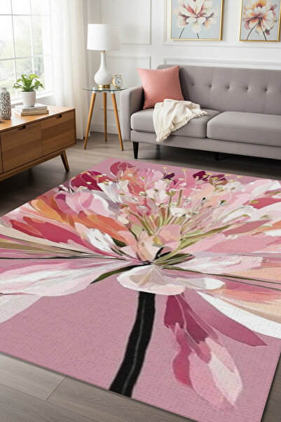 The Reef Design Pembe Çiçek Desenli Salon Halısı Kaymaz Dijital Baskılı Flora...