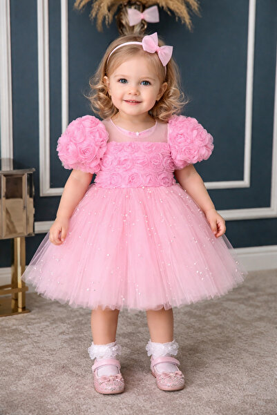 Dizaynbyasena Pink Rose Pearl Fluffy Baby Children's Dress