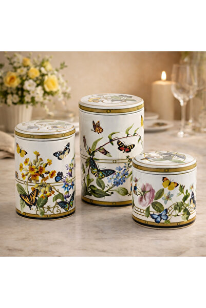 Joy Carmen Set of 3 Porcelain Vacuum Jars Muse Garden 16/13,8/10 cm with Flow...