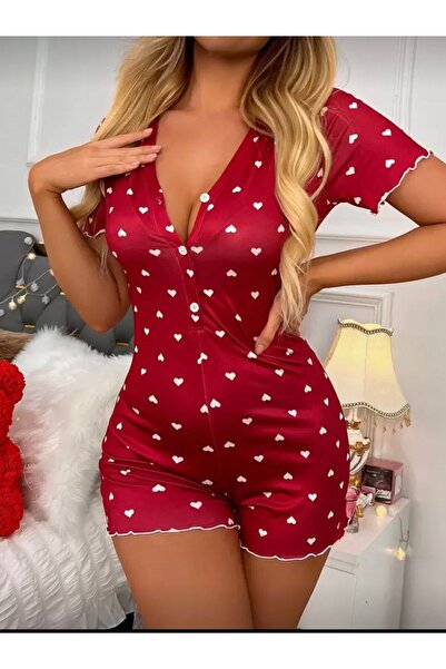 euro click Heart Patterned Women's Shorts Jumpsuit V-Neck Buttoned Mini Pajam...