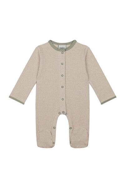 PETIT-ATELlER Baby Beige Waffle Footed Sleepsuit Contrast Green Trim , Cozy C...