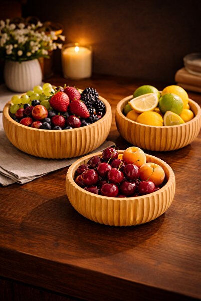 COCEM 3-Piece Bamboo Bowl Set Natural Wood Color Fruit Snack Presentation Bowl