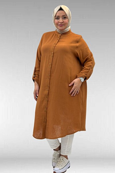 Eslina 58092 Büyük Beden Çift Düğme Detaylı Müslin Gömlek - Tarçın